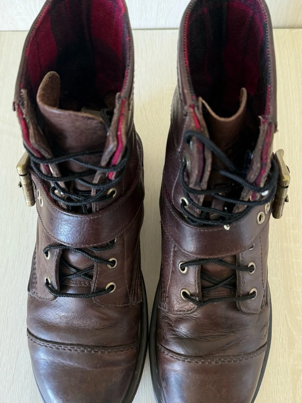 Dr. Martens Brown Leather Buckle Lace-Up Combat Boots Moto Biker Plaid M10/W11